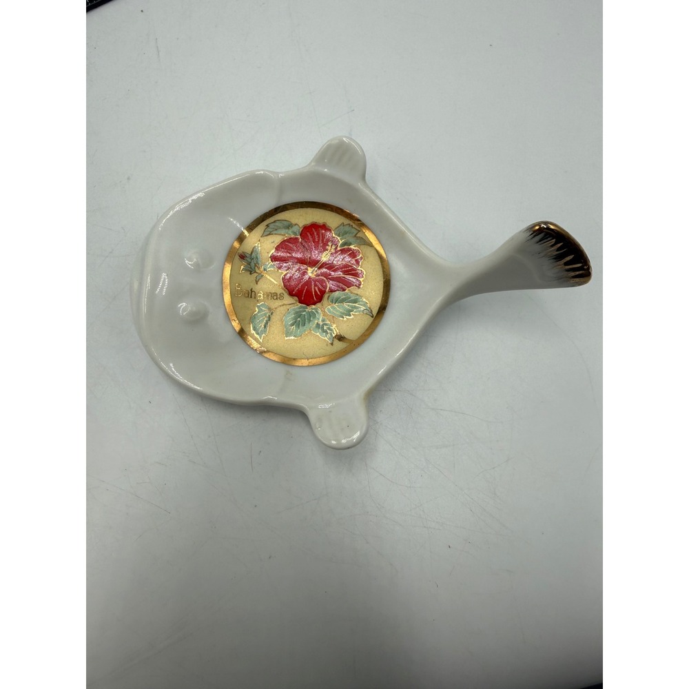 Mica Chokin 24K Gold Bahamas‎ Hibiscus Fish Porcelain Trinket Dish White Vintage